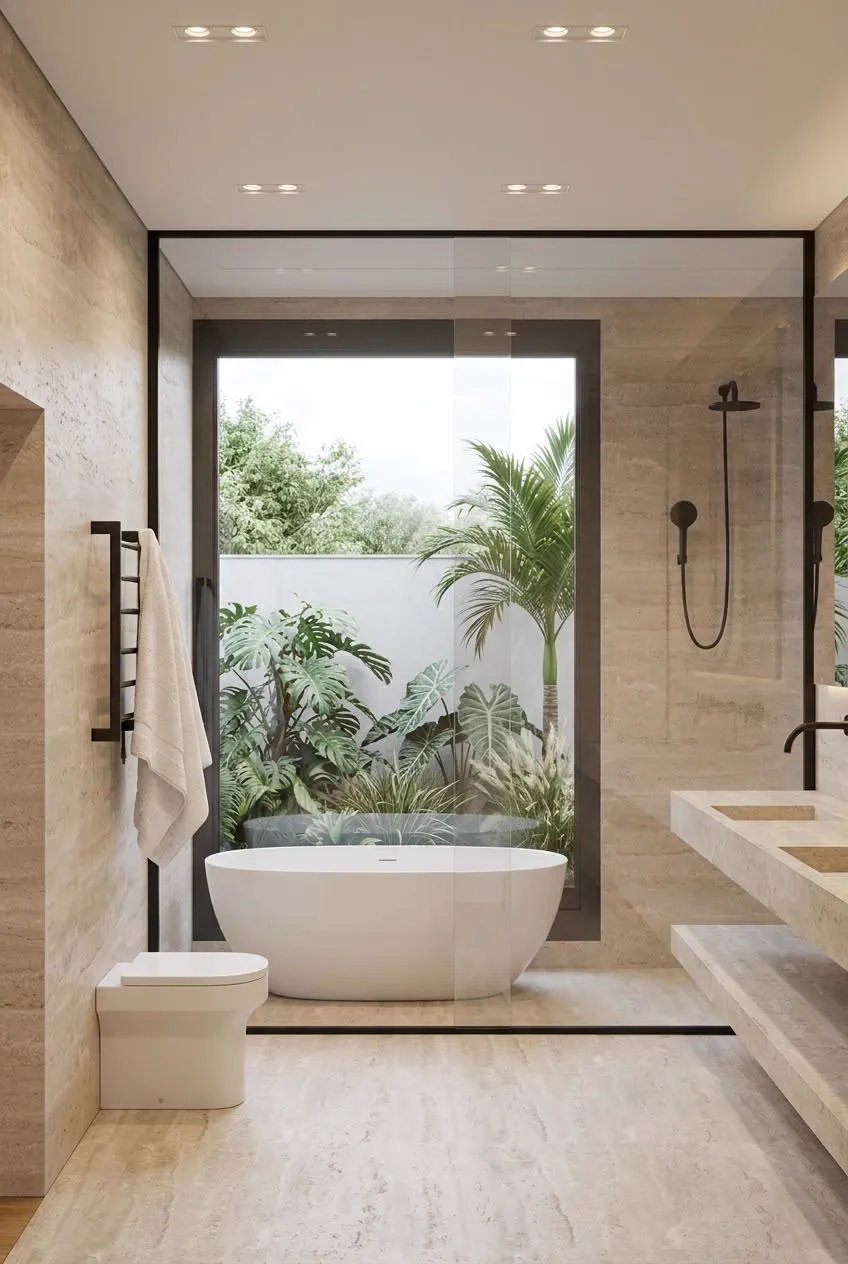 Banheiro em travertino com banheira e jardim tropical atrás do vidro