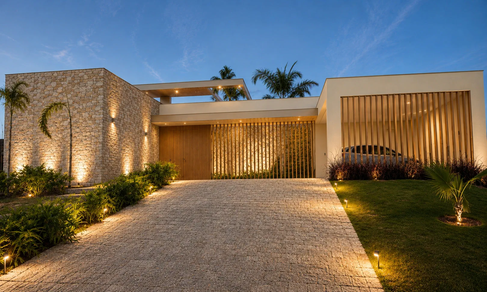 Fachada de casa contemporânea ao anoitecer, com pedra, ripas de madeira e iluminação cênica